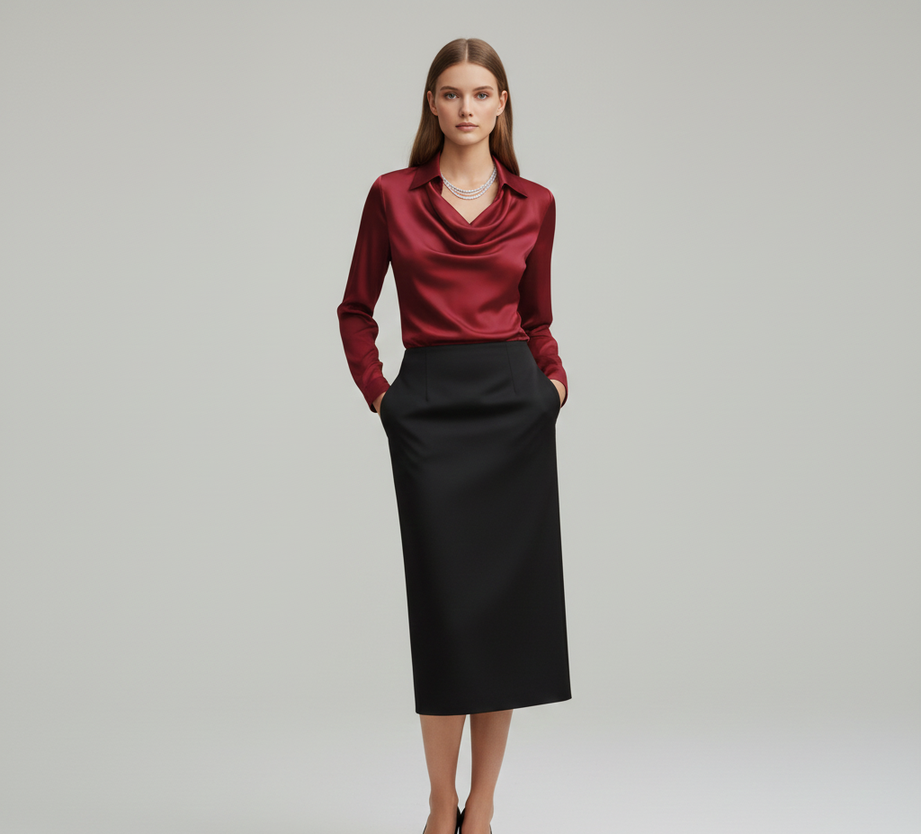 Ottilie | Damen Drapierter Langarm Satinbluse