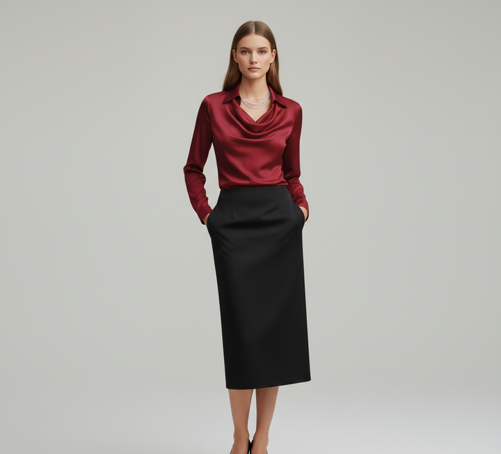 Ottilie | Damen Drapierter Langarm Satinbluse