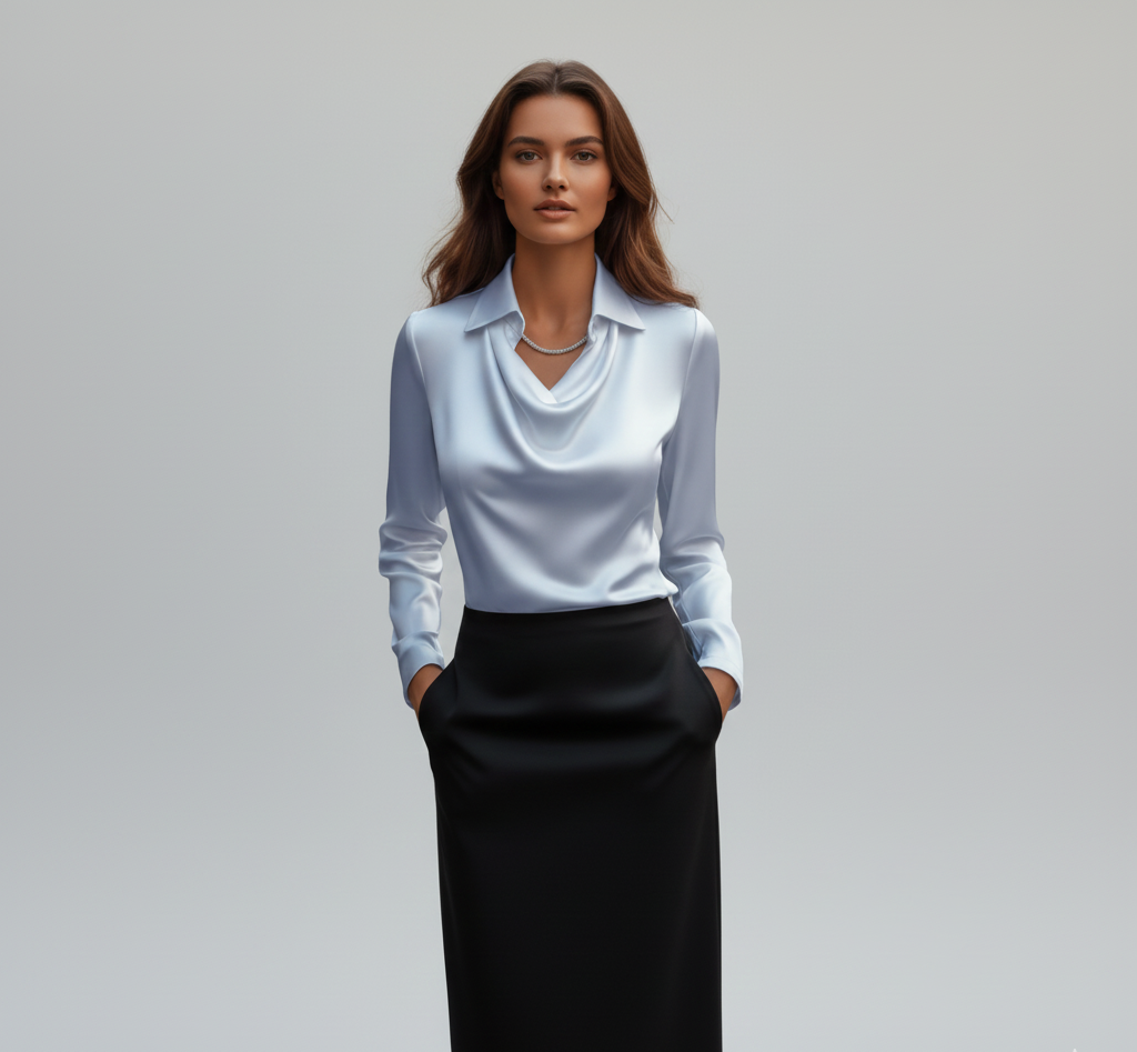 Ottilie | Damen Drapierter Langarm Satinbluse
