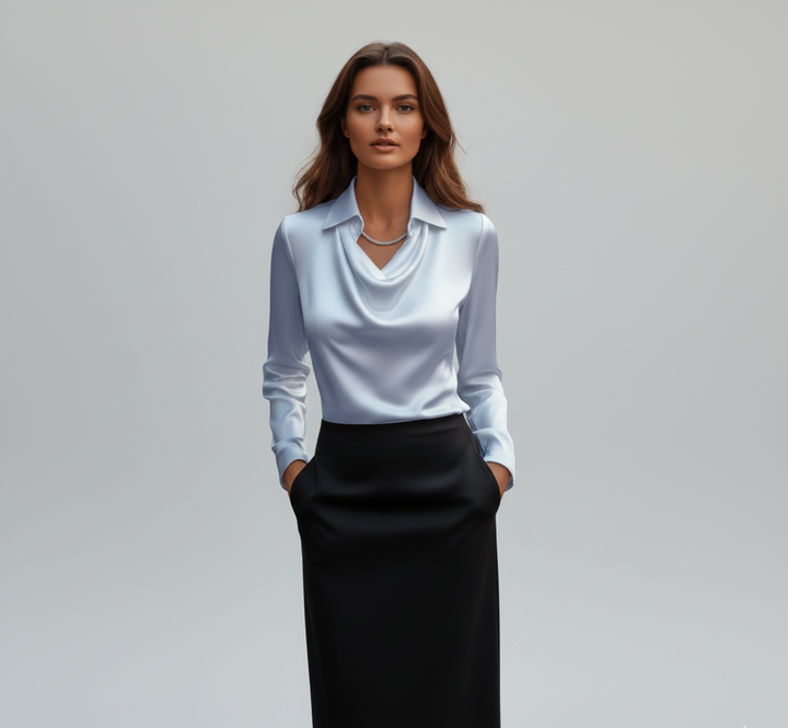 Ottilie | Damen Drapierter Langarm Satinbluse