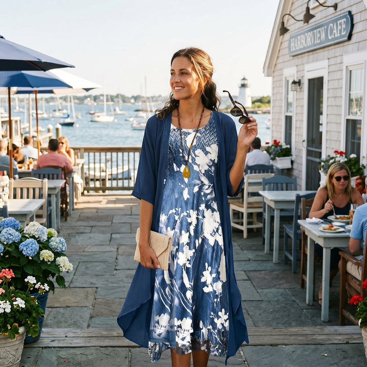 Elvira | Damen Bedrucktes Boho Midikleid Mit Cardigan Set