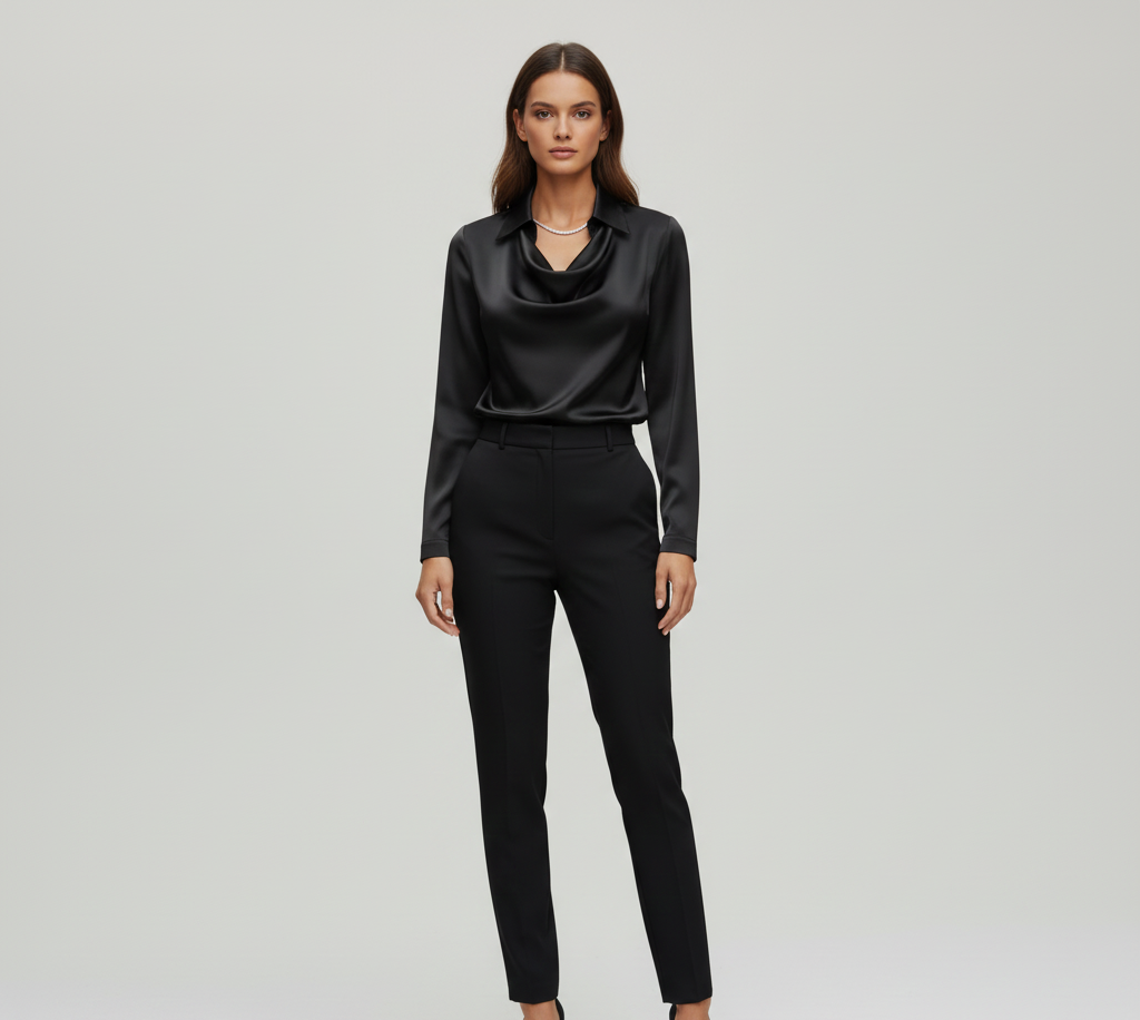 Ottilie | Damen Drapierter Langarm Satinbluse