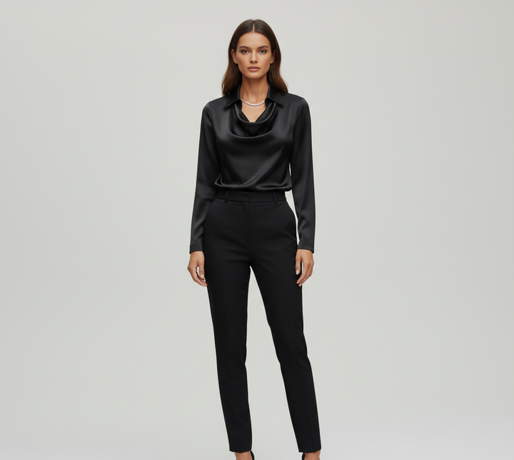 Ottilie | Damen Drapierter Langarm Satinbluse