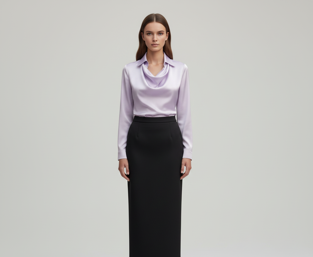 Ottilie | Damen Drapierter Langarm Satinbluse