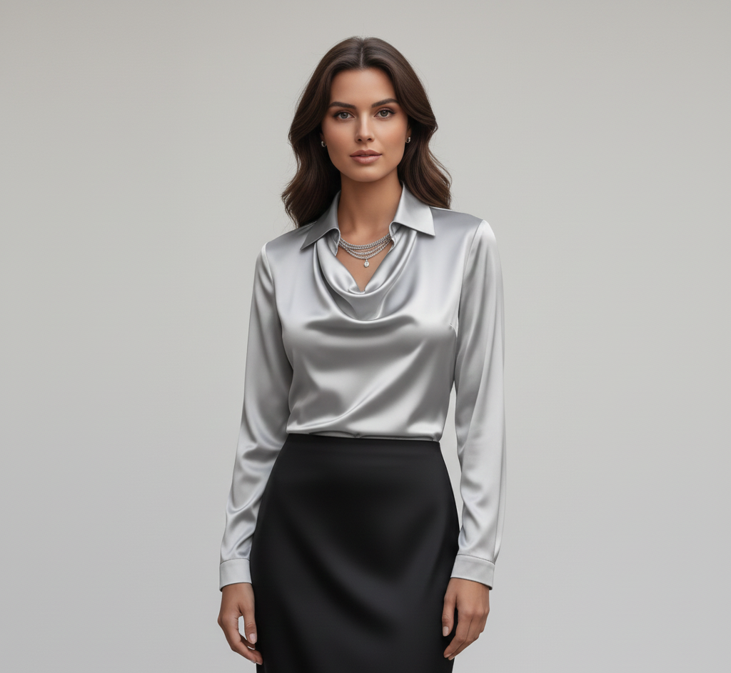 Ottilie | Damen Drapierter Langarm Satinbluse