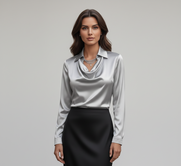 Ottilie | Damen Drapierter Langarm Satinbluse