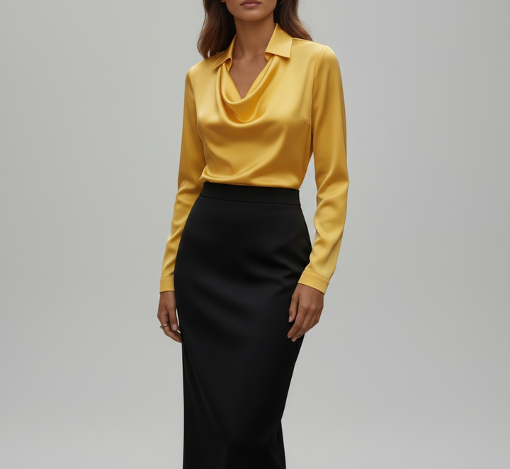 Ottilie | Damen Drapierter Langarm Satinbluse
