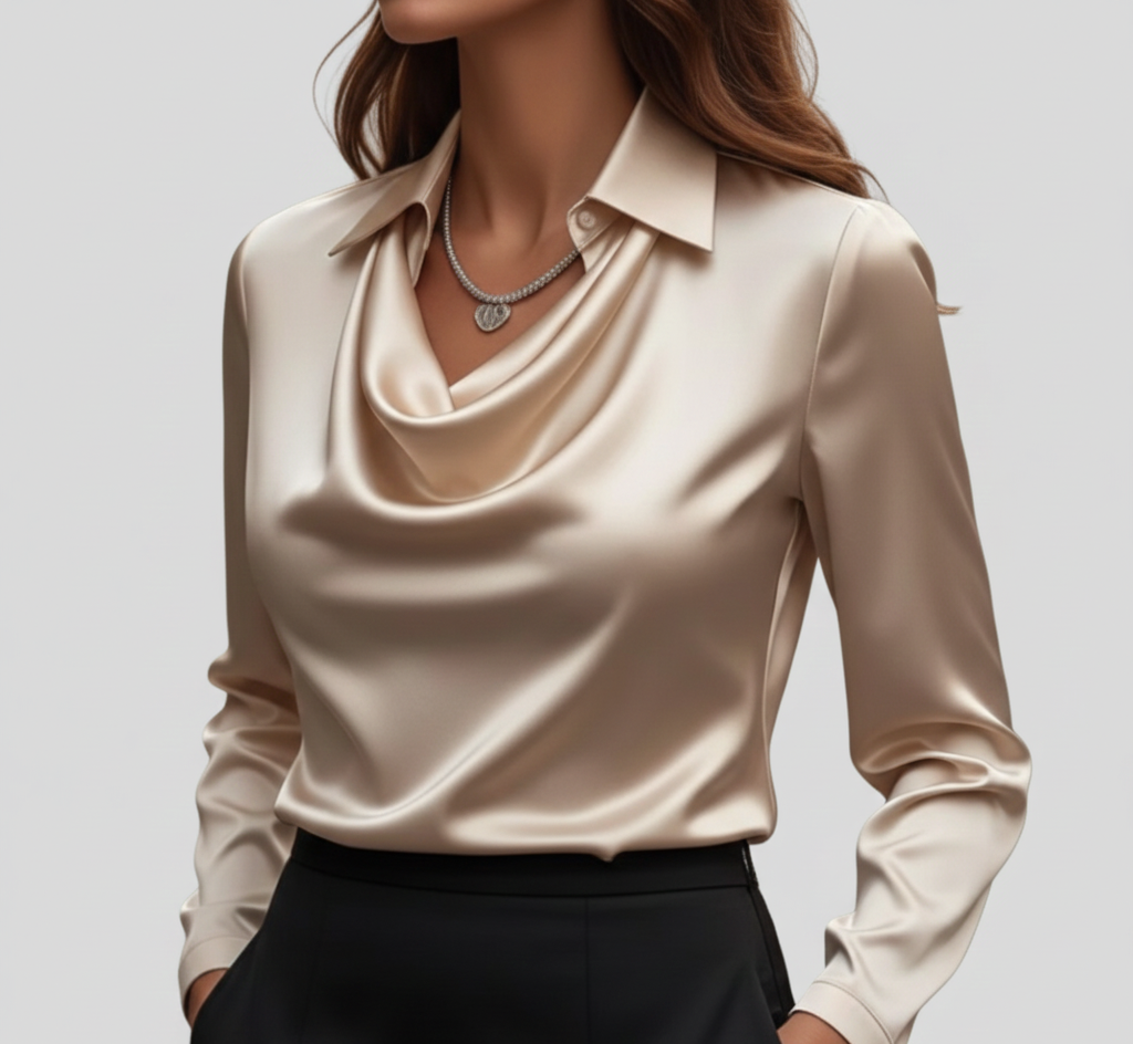 Ottilie | Damen Drapierter Langarm Satinbluse