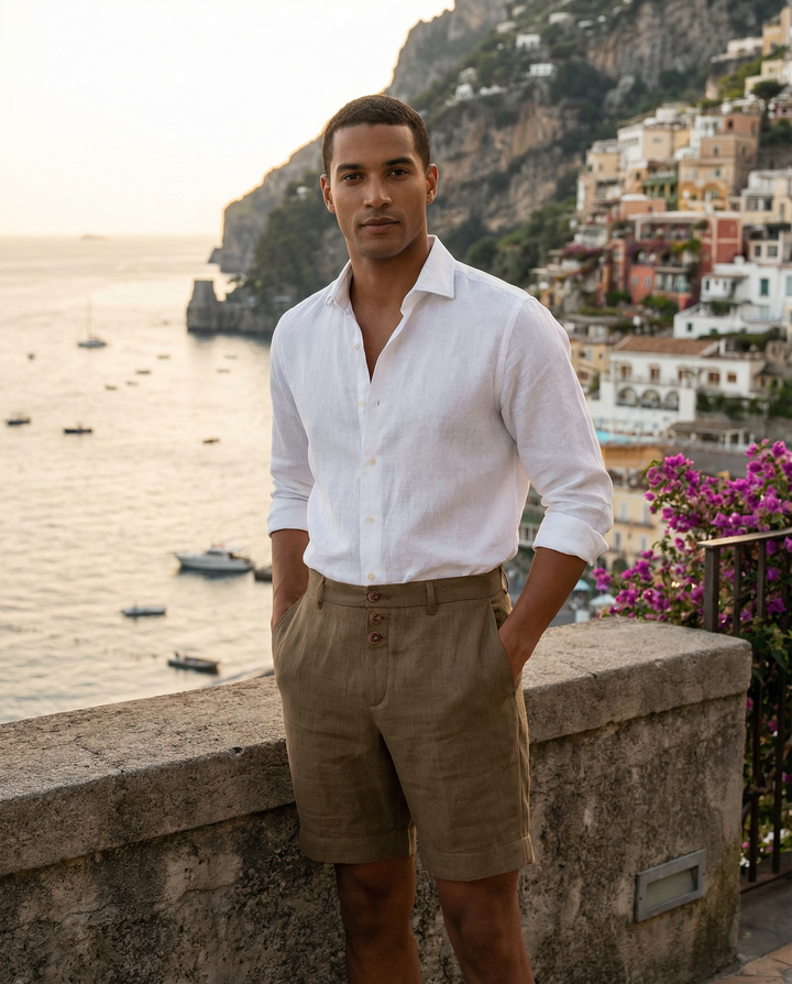 Zenvor | Herren Geknöpfte Slim-Fit Leinen Shorts