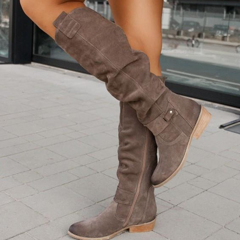 Ilona | Damen Kniehohe Niedriger Absatz Wildlederstiefel