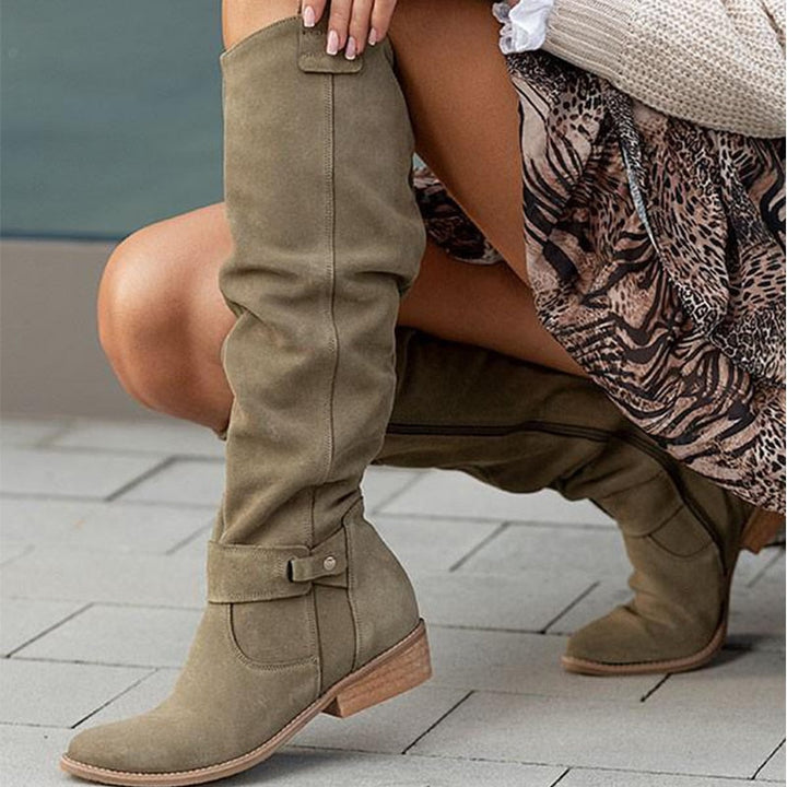 Ilona | Damen Kniehohe Niedriger Absatz Wildlederstiefel