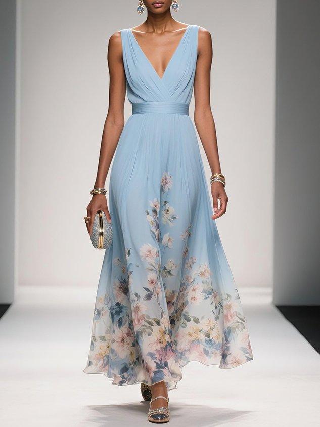 Audrey | Damen Geblümtes V-Ausschnitt Maxikleid