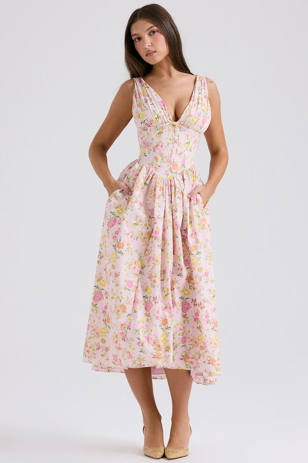 Larissa | Damen Sommer Seitentaschen Hochzeitsgastkleid