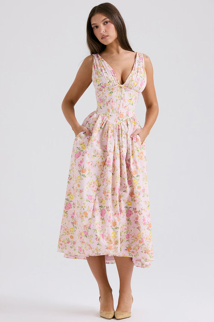 Larissa | Damen Sommer Seitentaschen Hochzeitsgastkleid