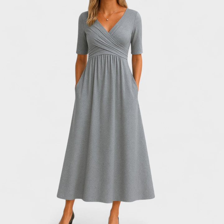 Bettina | Damen Kurzarm V-ausschnitt Komfort Midikleid