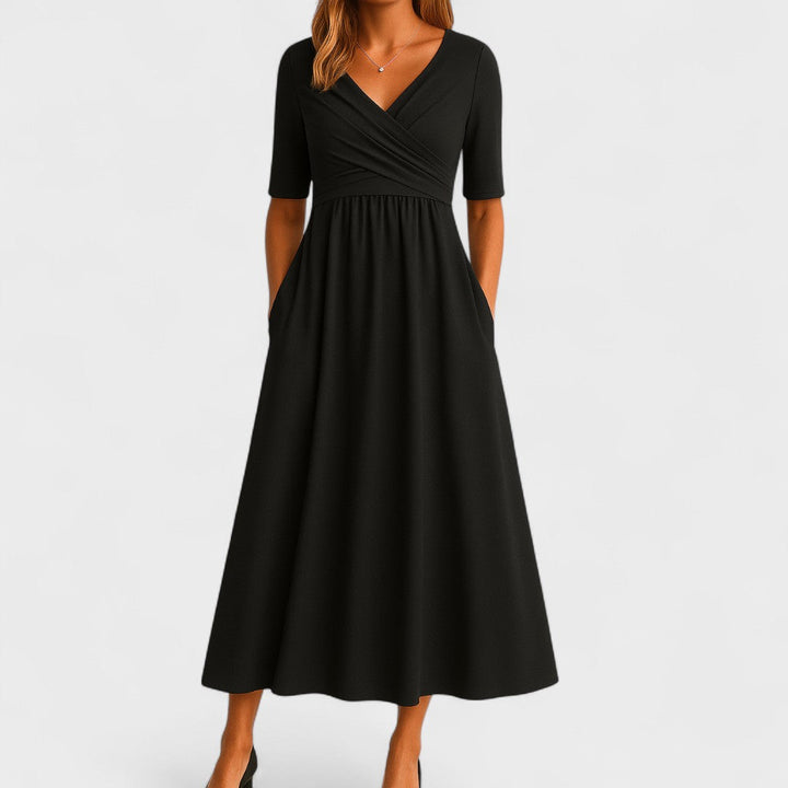 Bettina | Damen Kurzarm V-ausschnitt Komfort Midikleid