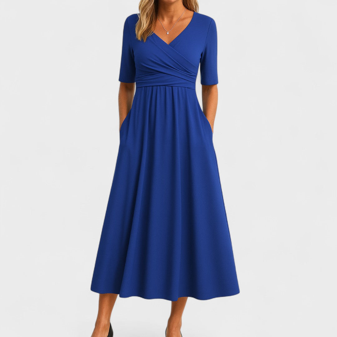 Bettina | Damen Kurzarm V-ausschnitt Komfort Midikleid