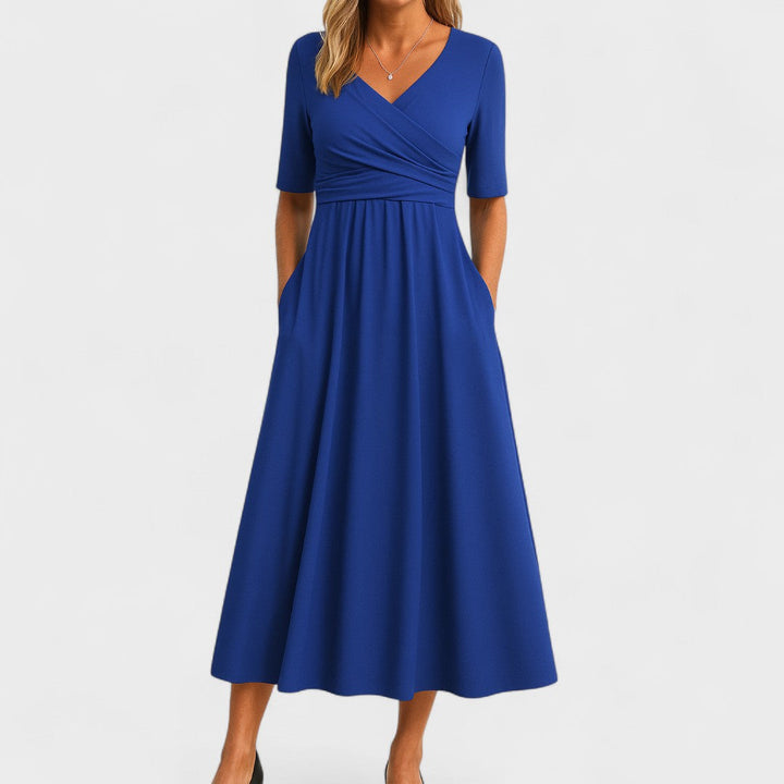 Bettina | Damen Kurzarm V-ausschnitt Komfort Midikleid