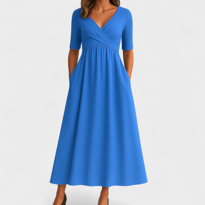 Bettina | Damen Kurzarm V-ausschnitt Komfort Midikleid