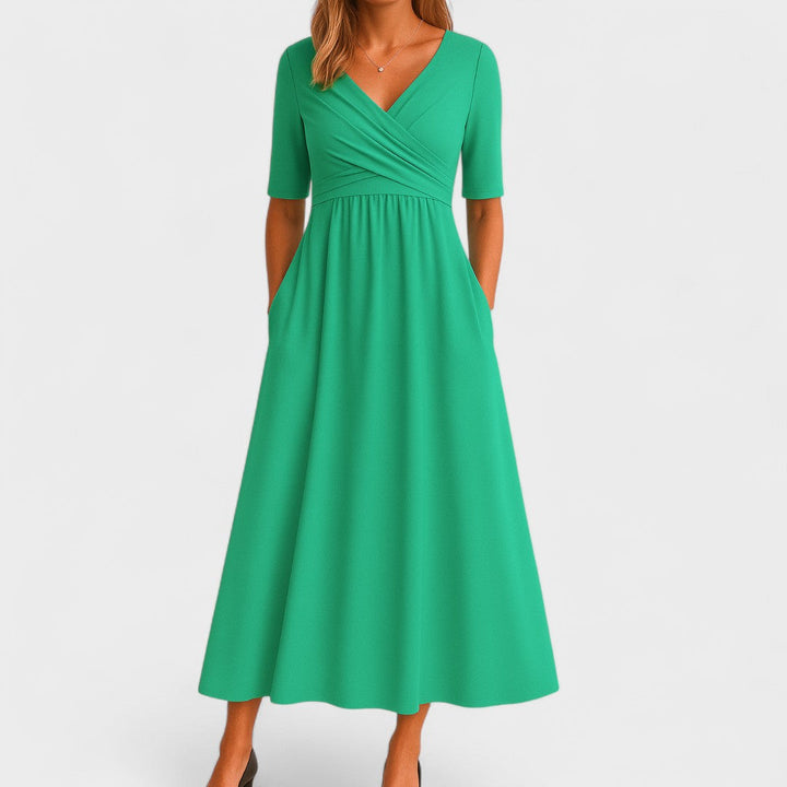 Bettina | Damen Kurzarm V-ausschnitt Komfort Midikleid