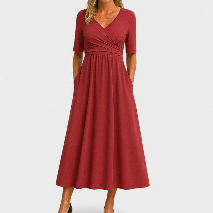 Bettina | Damen Kurzarm V-ausschnitt Komfort Midikleid