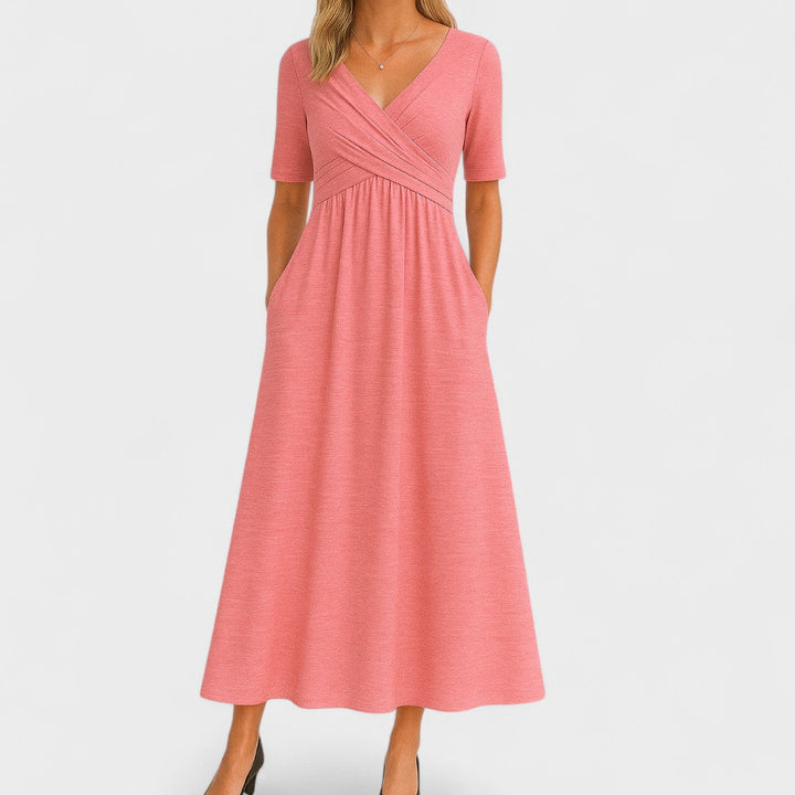 Bettina | Damen Kurzarm V-ausschnitt Komfort Midikleid
