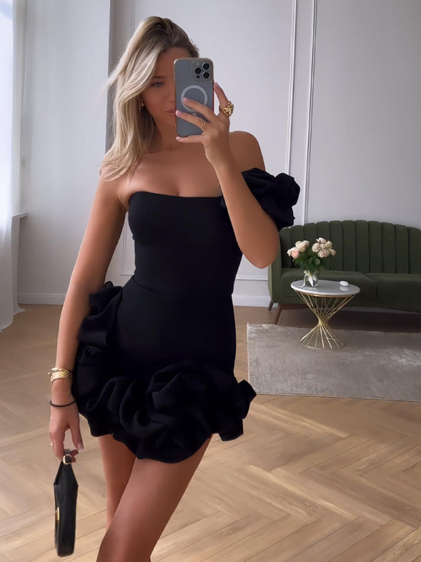 Joëlle | Damen Asymmetrisches Rüschen Mini Abendkleid