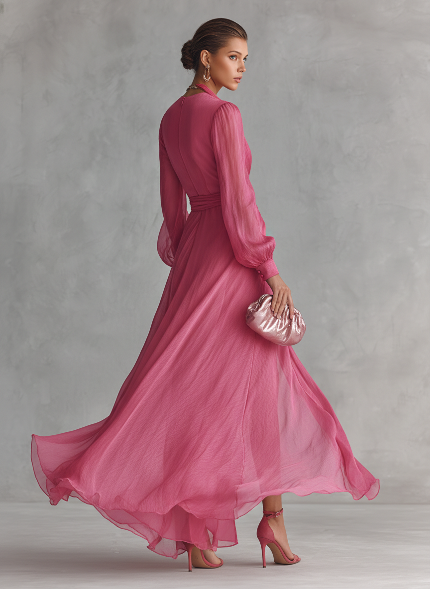 Marie | Abito lungo elegante da donna rosa con scollo a V e maniche lunghe a portafoglio