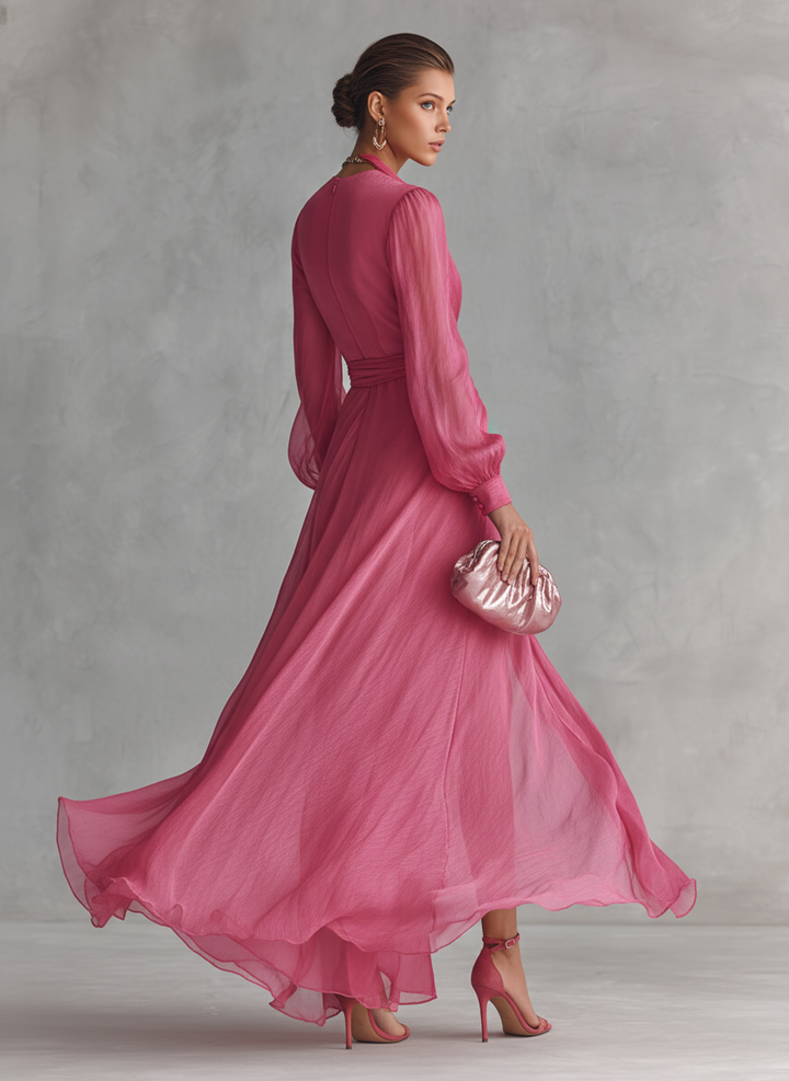 Marie | Abito lungo elegante da donna rosa con scollo a V e maniche lunghe a portafoglio