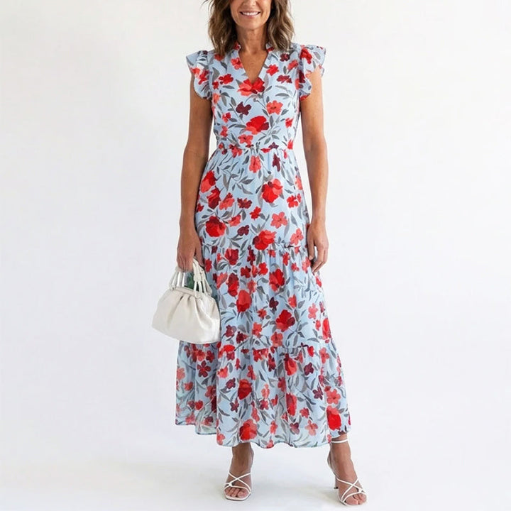 Lavinia | Damen Sommer Florales V-Ausschnitt Kleid mit Rüschenärmeln