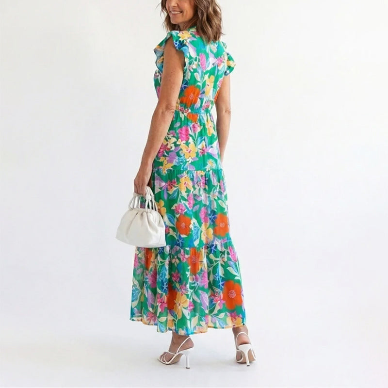 Lavinia | Damen Sommer Florales V-Ausschnitt Kleid mit Rüschenärmeln