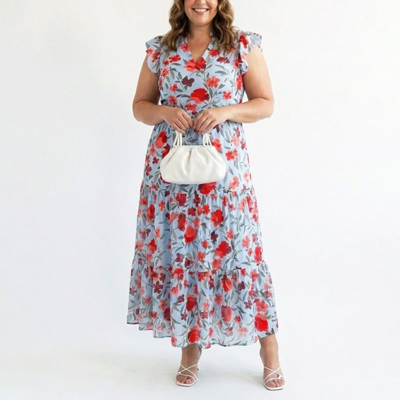 Lavinia | Damen Sommer Florales V-Ausschnitt Kleid mit Rüschenärmeln