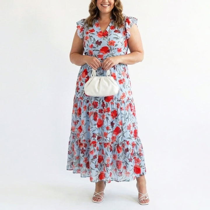 Lavinia | Damen Sommer Florales V-Ausschnitt Kleid mit Rüschenärmeln