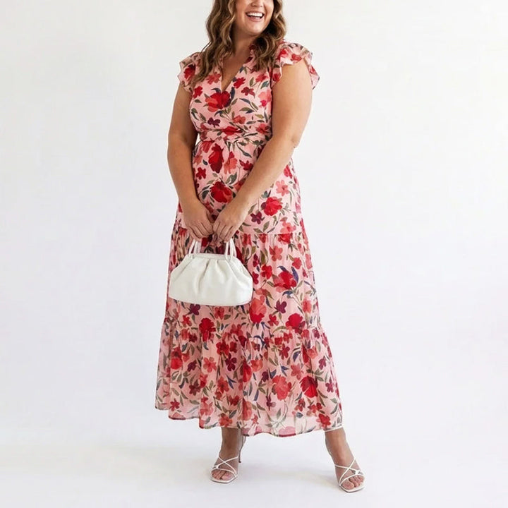 Lavinia | Damen Sommer Florales V-Ausschnitt Kleid mit Rüschenärmeln