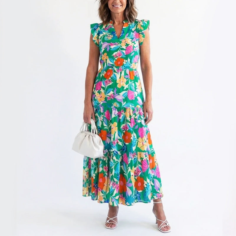 Lavinia | Damen Sommer Florales V-Ausschnitt Kleid mit Rüschenärmeln