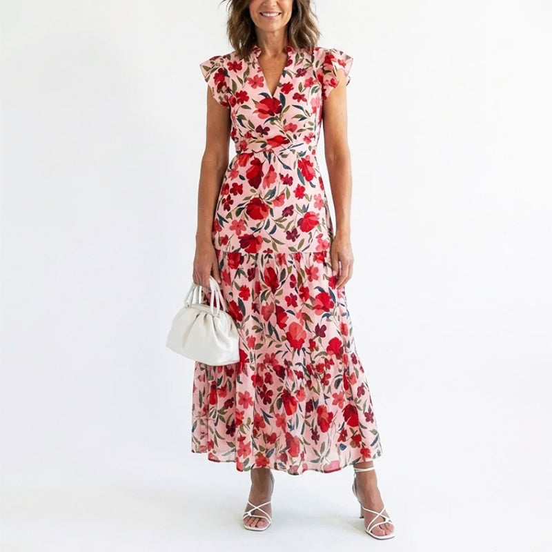 Lavinia | Damen Sommer Florales V-Ausschnitt Kleid mit Rüschenärmeln