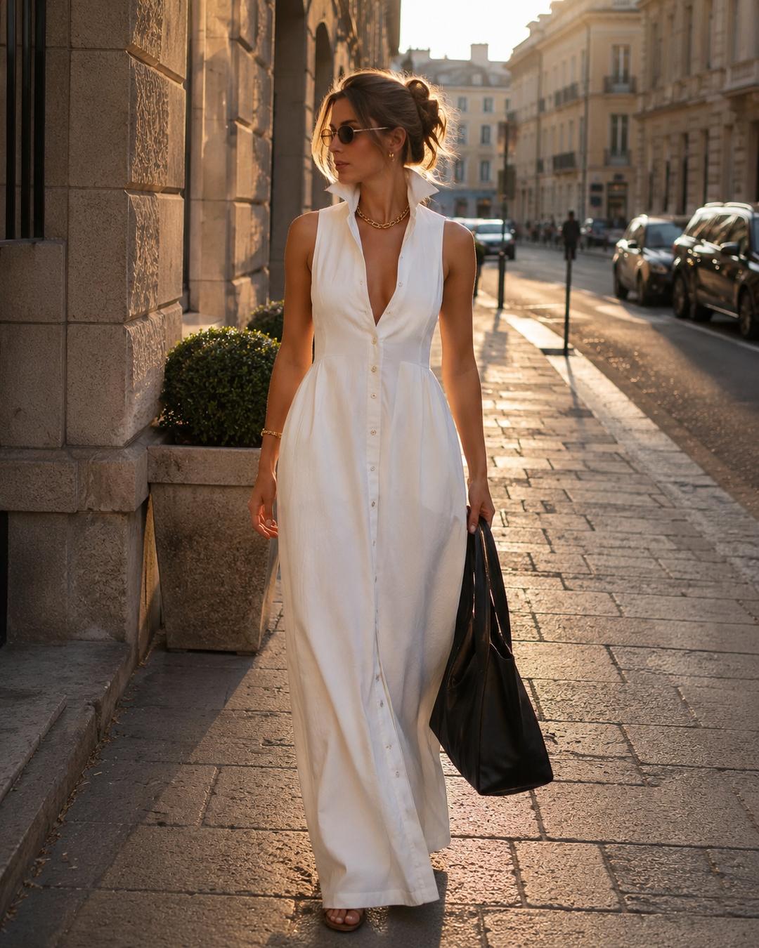 Gina | Damen Elegantes Ärmelloses Hemdkleid Mit Knöpfen