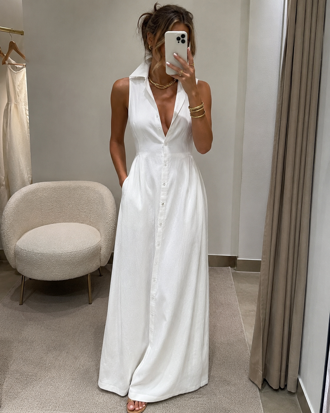 Gina | Damen Elegantes Ärmelloses Hemdkleid Mit Knöpfen
