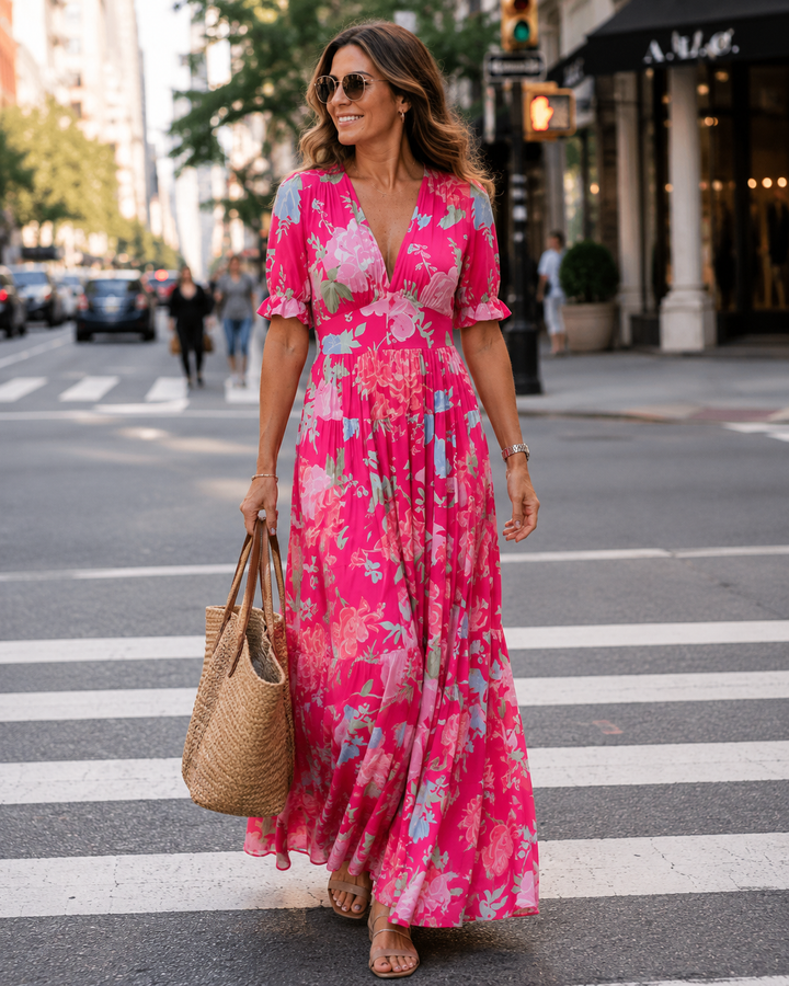 Paula | Damen Geblümtes Sommer Maxikleid Mit V-Ausschnitt