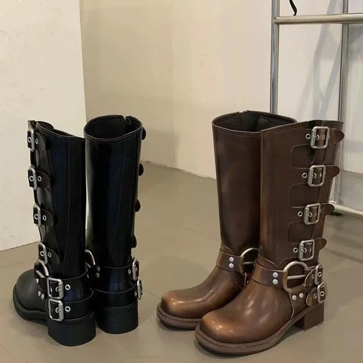 Tania | Damen Kniehohe Schnallenstiefel Niedriger Absatz