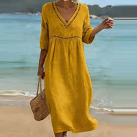 Edith | Damen Sommer Boho V-Ausschnitt Midikleid