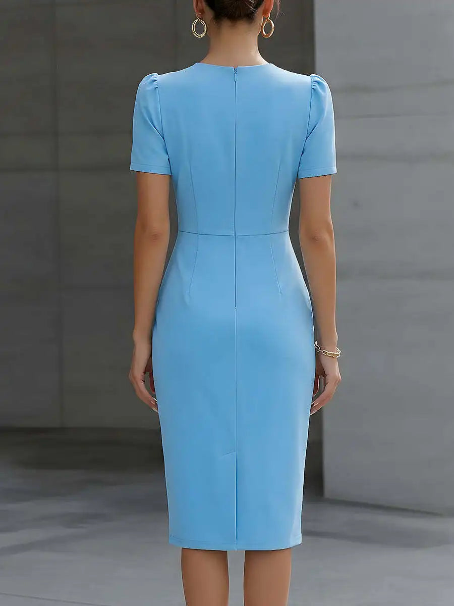 Carolina | Damen Elegantes Plissiertem Ausschnitt Midikleid