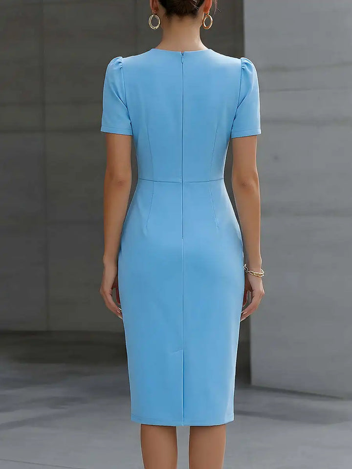 Carolina | Damen Elegantes Plissiertem Ausschnitt Midikleid