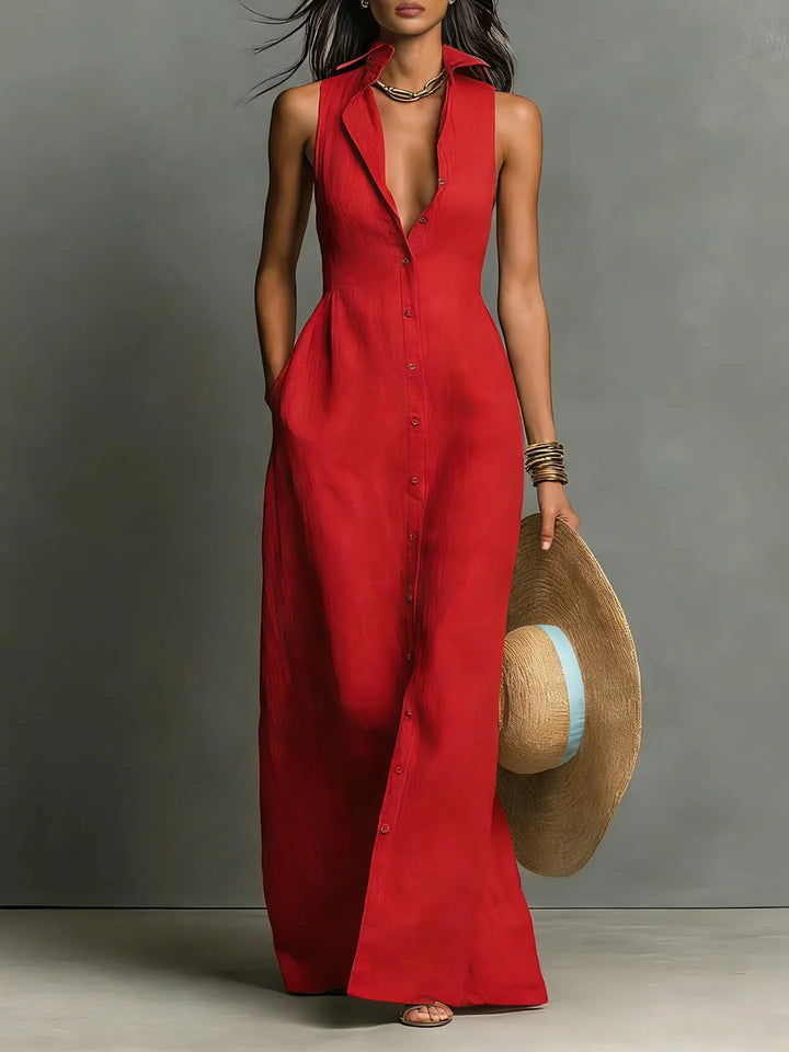 Gina | Damen Elegantes Ärmelloses Hemdkleid Mit Knöpfen