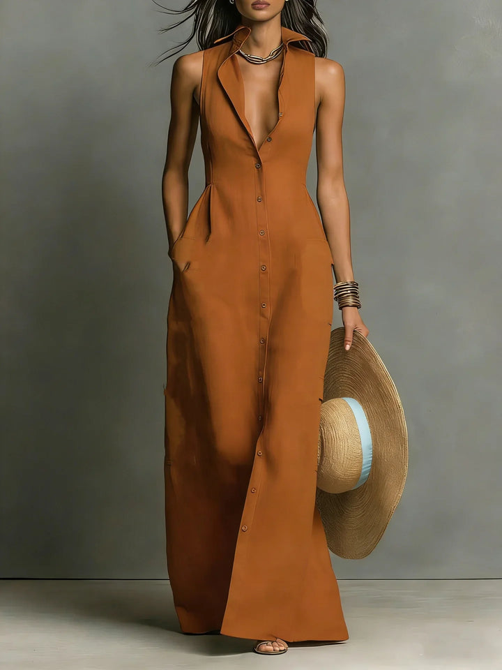 Gina | Damen Elegantes Ärmelloses Hemdkleid Mit Knöpfen