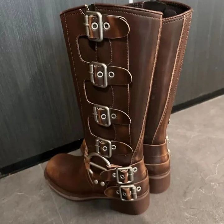 Tania | Damen Kniehohe Schnallenstiefel Niedriger Absatz