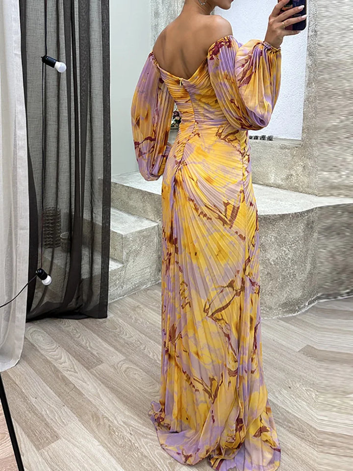 Sofia | Damen Sommer Plissee Schulterfrei Maxikleid
