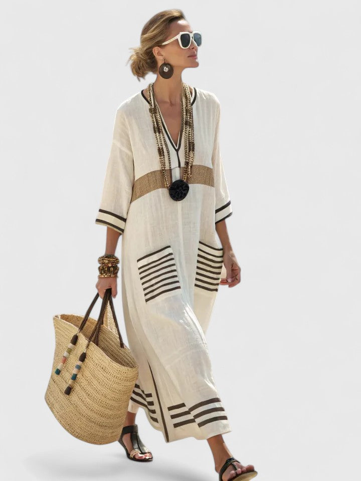 Alina | Damen Oversized Gestreiftes Kaftankleid mit V-Ausschnitt