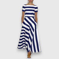 Nadia | Damen Gestreiftes Kurzarm Maxikleid