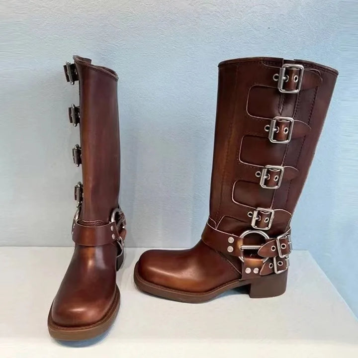 Tania | Damen Kniehohe Schnallenstiefel Niedriger Absatz